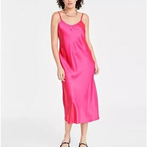 On 34th Women's Satin Midi Slip dress fuchsia scoop spaghetti strap Large NWT